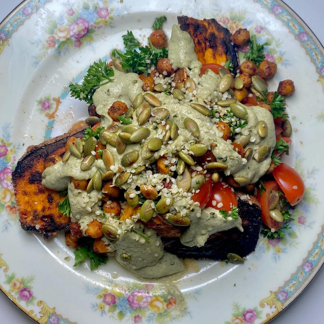 loaded sweet potato+ creamy sunflower seed dill sauce