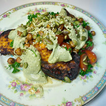 Load image into Gallery viewer, loaded sweet potato+ creamy sunflower seed dill sauce
