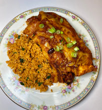 Load image into Gallery viewer, ‘chorizo,’ sweet potato, + black bean enchiladas
