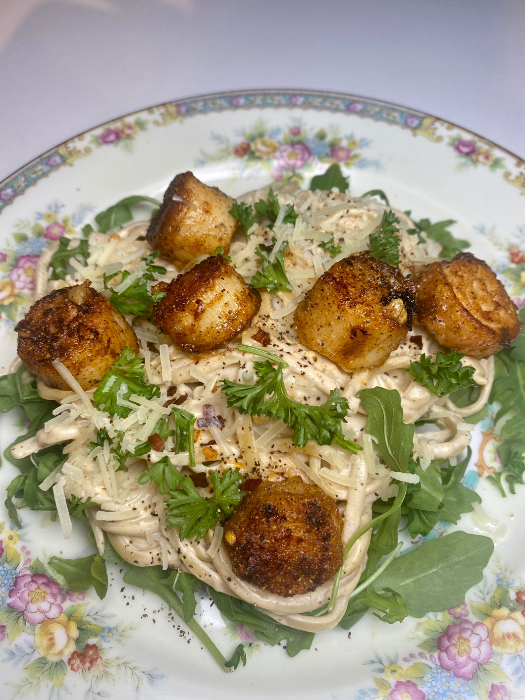 Garlic Butter ‘Scallops’ + creamy lemon protein-pasta